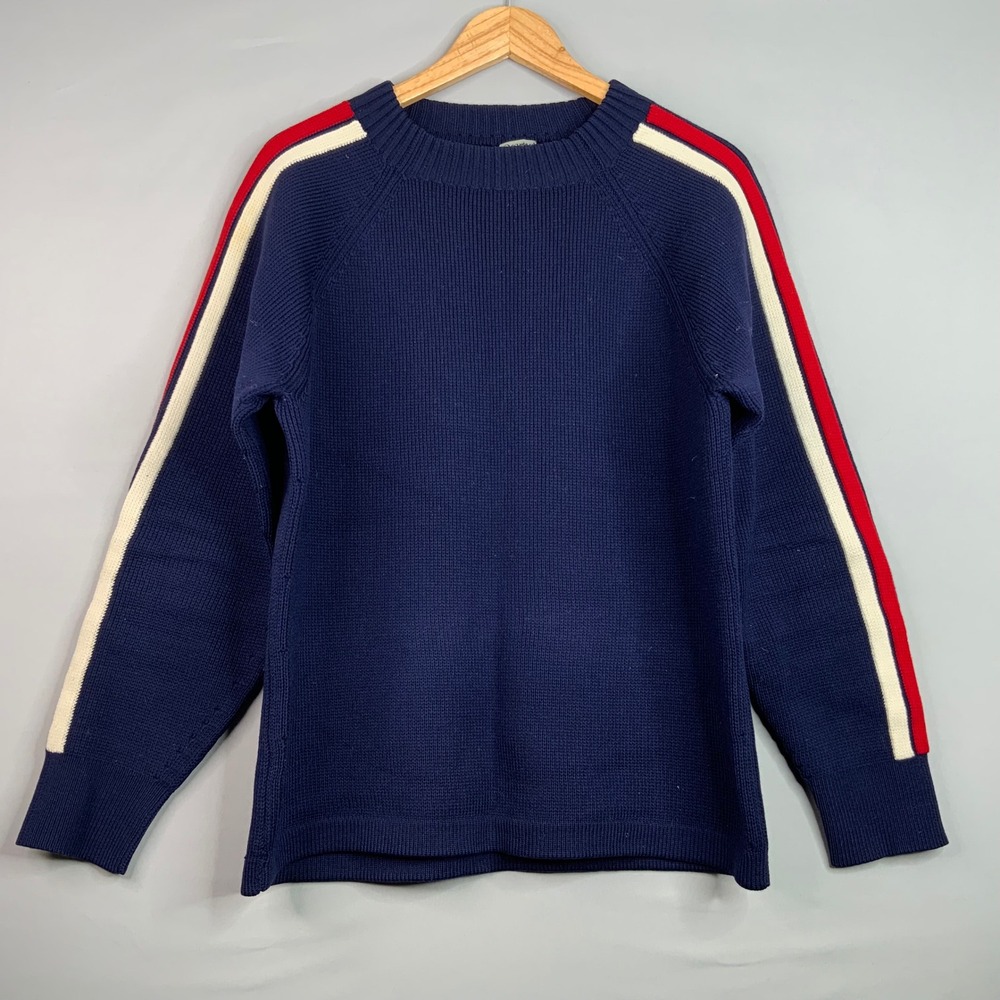 Rozman Men's Navy Blue Sweater with Red White Stripe Sleeve Detail‎ Pure Wool